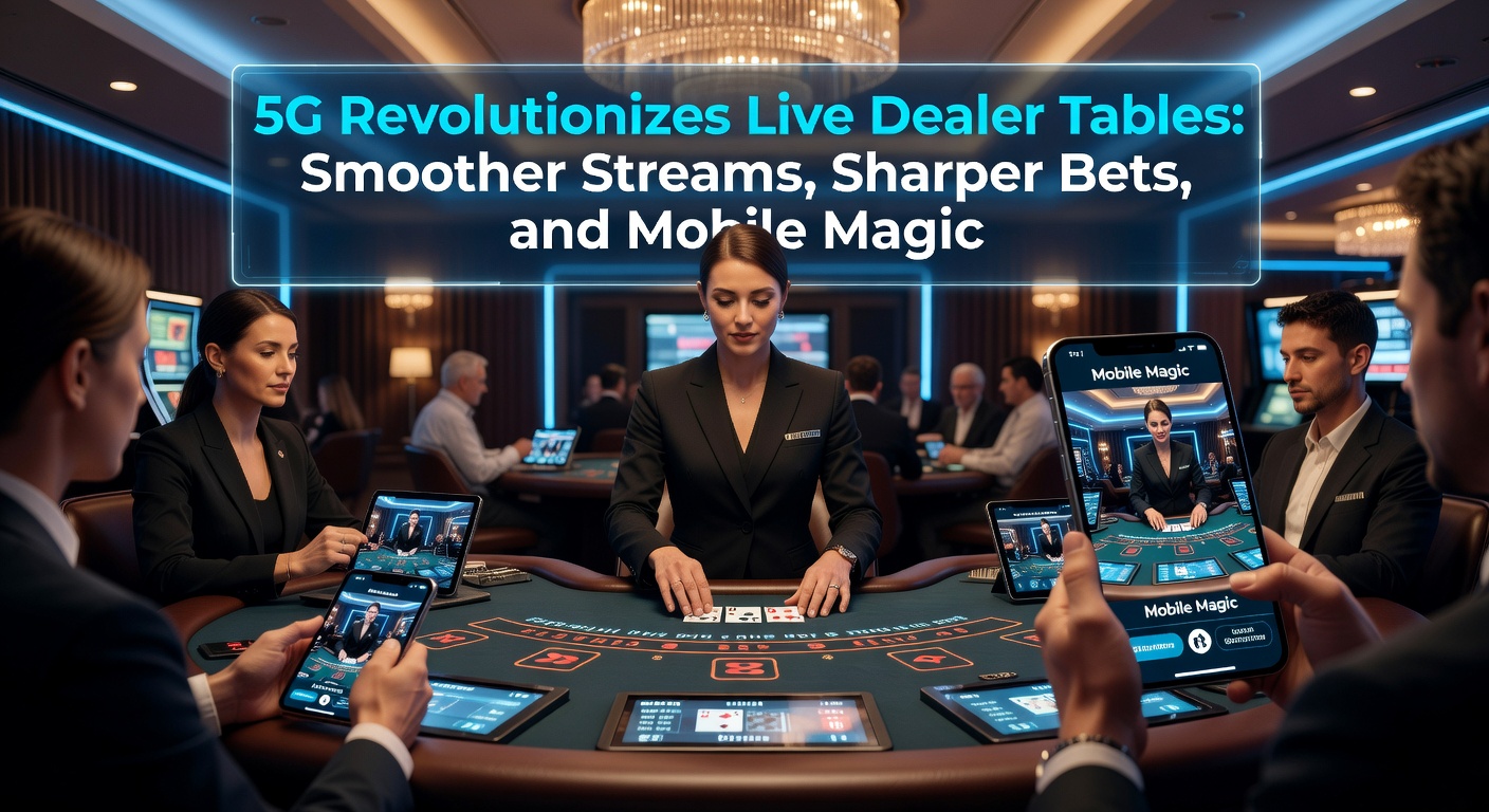 A vibrant live dealer blackjack table streamed in crystal-clear 4K over 5G, with players betting from mobile devices in real-time