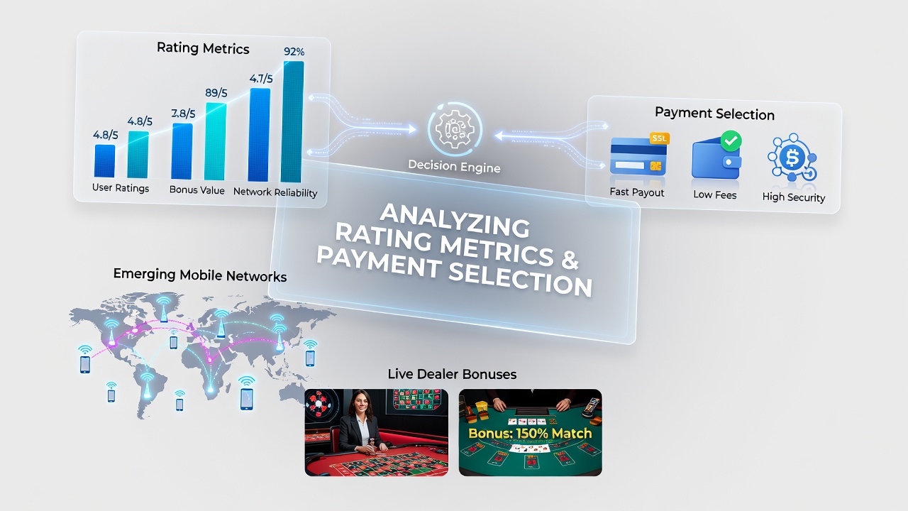 Mobile network metrics dashboard showing payment options and bonus ratings for live dealer tables