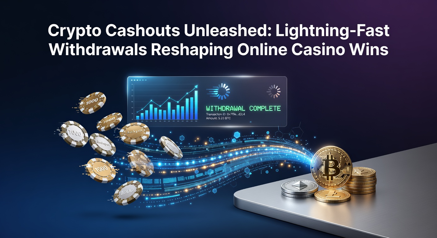 Digital illustration showing a lightning bolt striking a cryptocurrency wallet overflowing with casino chips during a fast cashout process