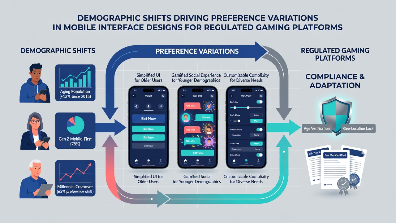 Demographic data charts overlaid on mobile gaming app mockups illustrating preference variations