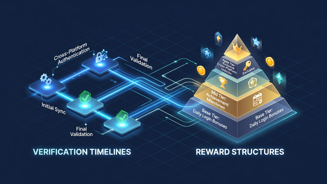 Cross-platform gaming interface showing verification status alongside reward distribution panels