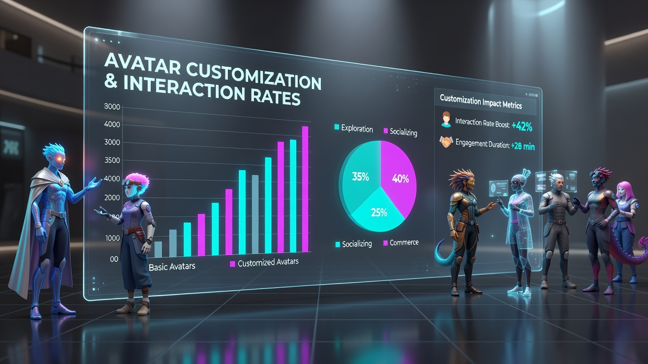 Close-up of customized avatars interacting in a virtual casino lobby setting