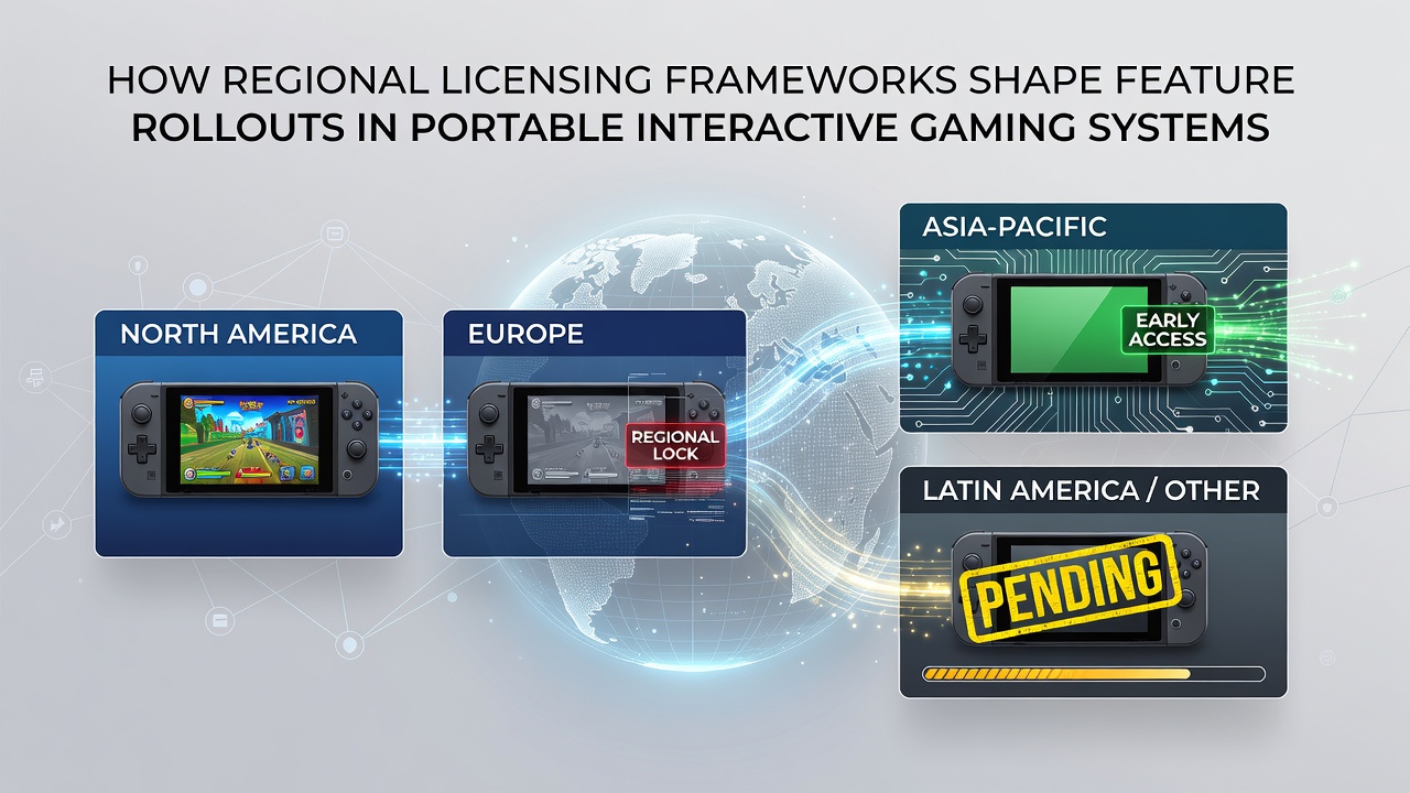 Portable interactive gaming devices displayed alongside regulatory documents and licensing maps