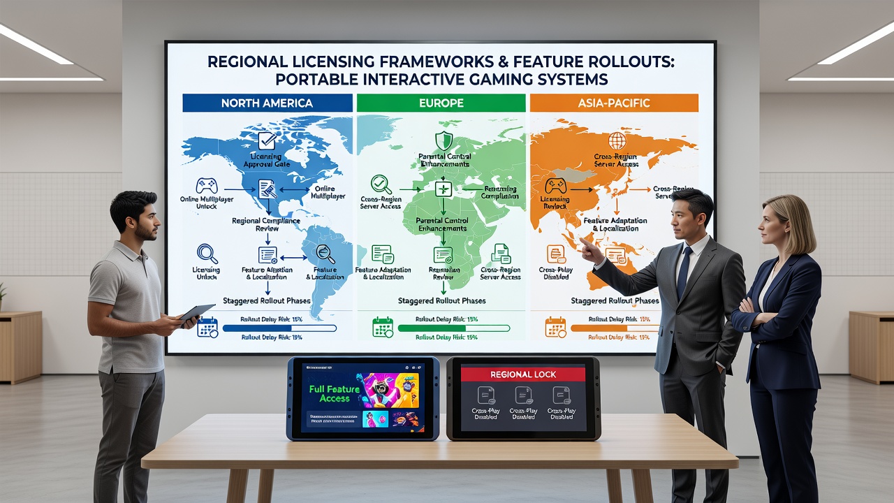 Close-up of portable gaming console with overlaid licensing compliance checklist and regional maps