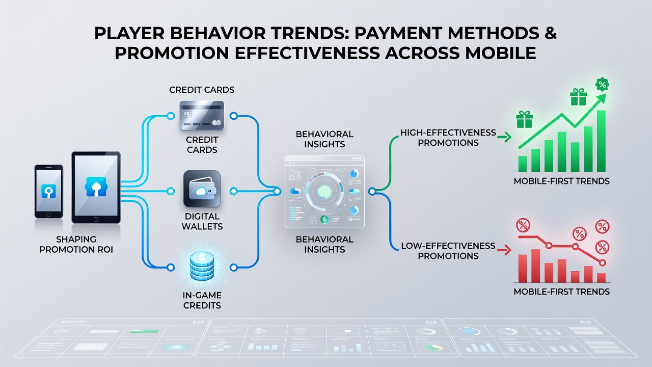 Analytics dashboard displaying payment method trends and promotion redemption rates on mobile casino platforms