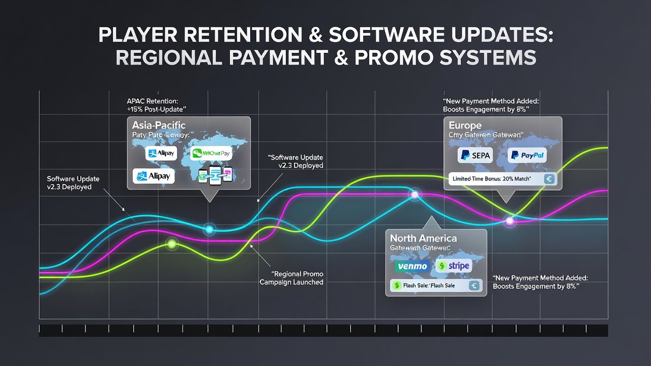 Regional payment interface showing software update notifications and player engagement metrics on a digital dashboard