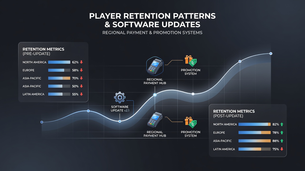 Analytics chart displaying retention rates before and after regional software updates in gaming payment platforms