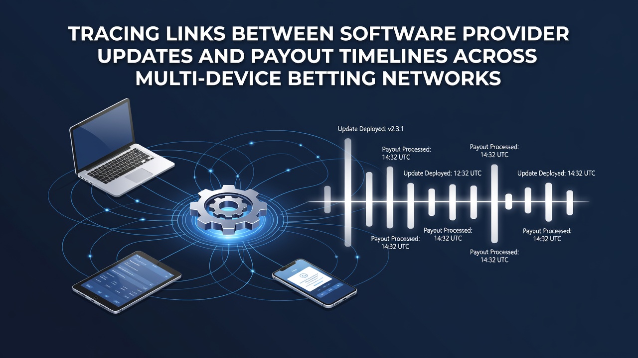 Network diagram showing software update flows connected to payout processing servers across mobile and desktop betting platforms